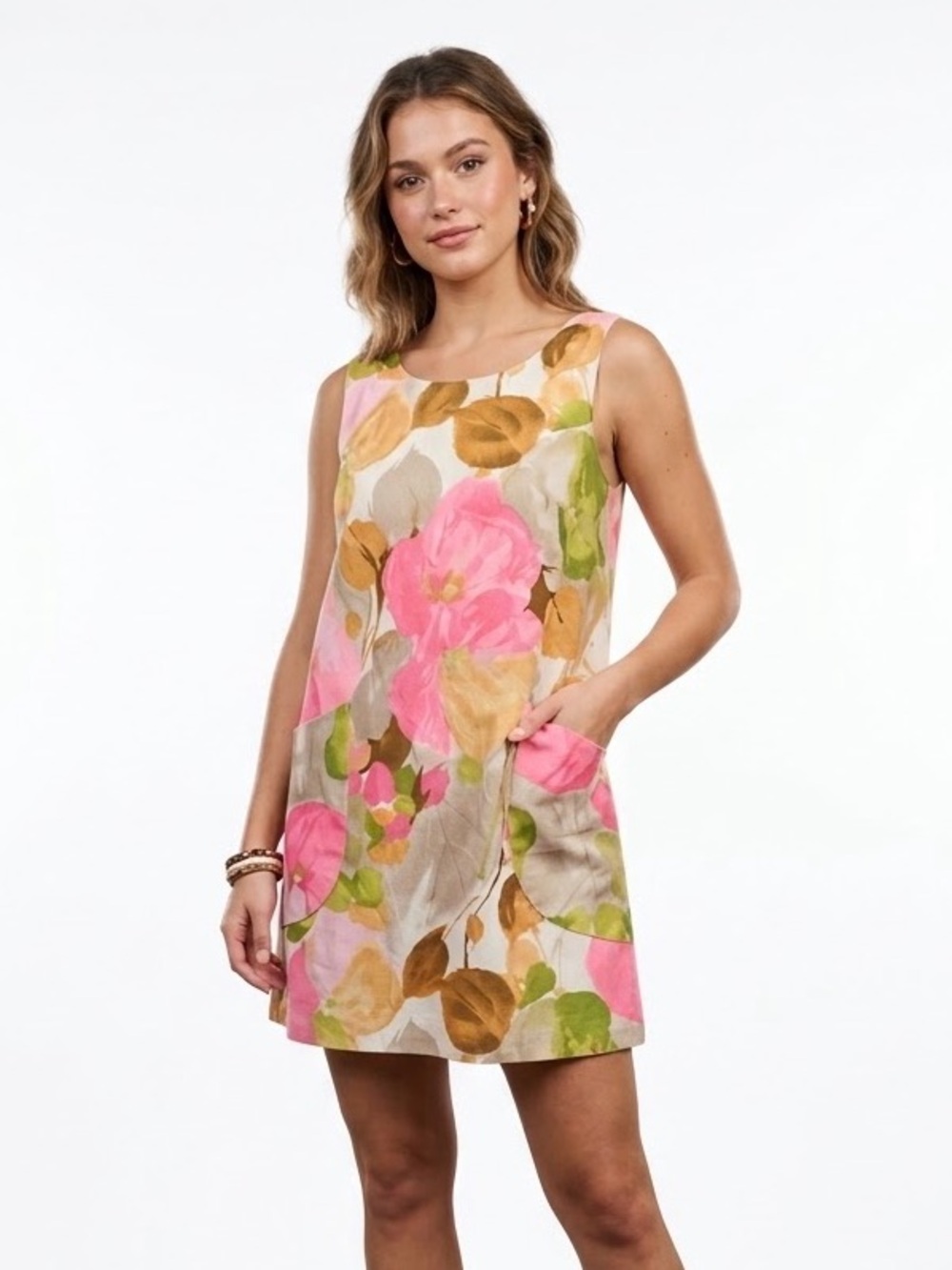 Vintage 1970’s Floral Sleeveless Pink Floral Shift Mini Dress